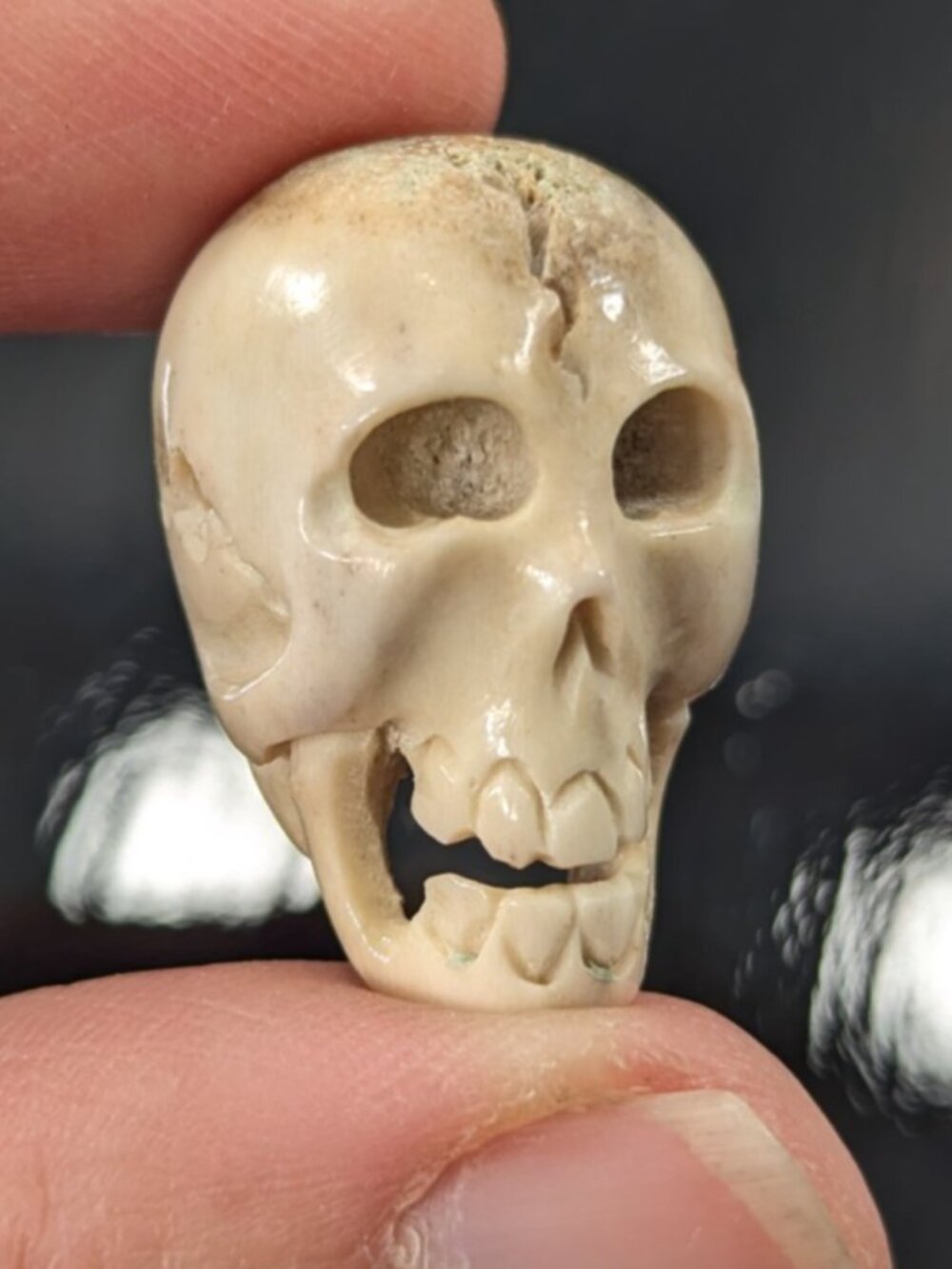 Vintage Memento Mori Deer Antler Carved Skull pendant, human skull bead